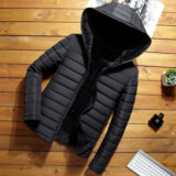 Front view of men’s winter short padded jacket in black color with zipper and slim fit design.