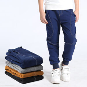 “Front view of boys' Korean-style sports trousers in multiple colors”
